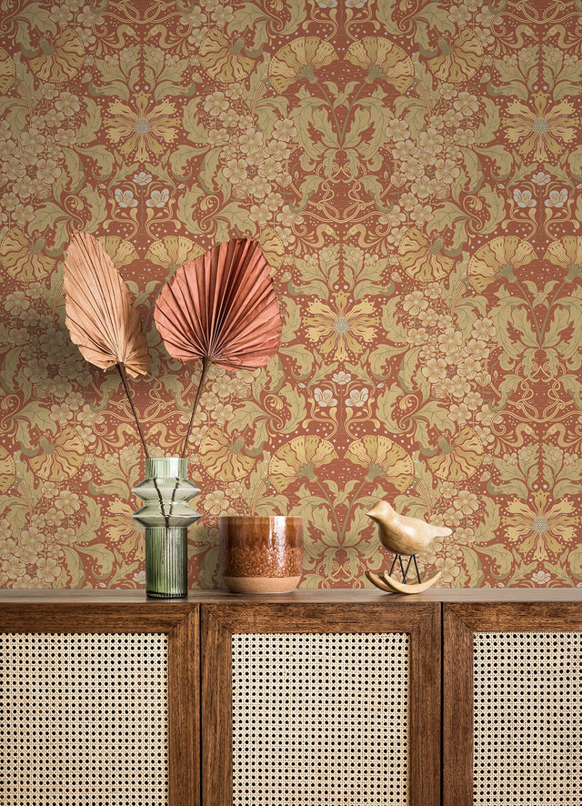 Ojvind Rust Floral Ogee Wallpaper with Botanical Floral Ogee Glam Style - A-Street Prints 4080-83114