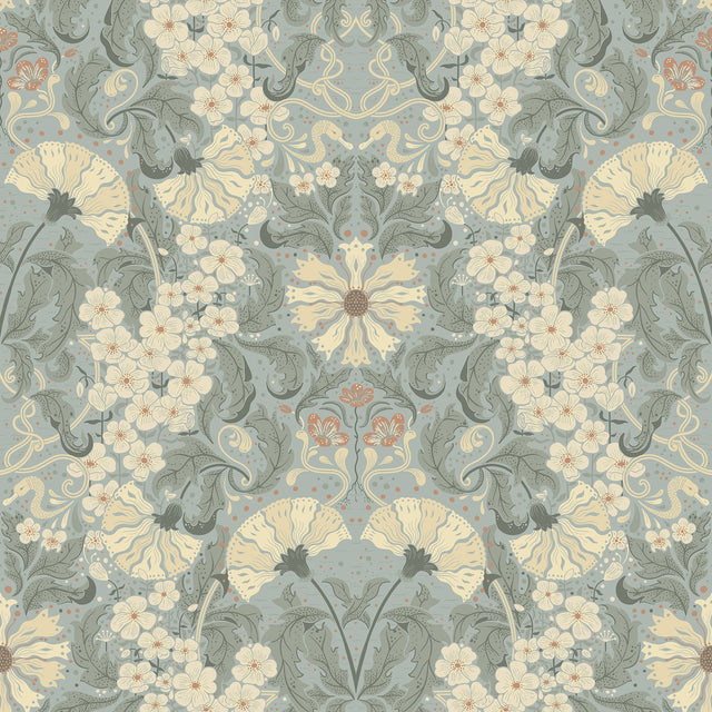 Ojvind Light Blue Floral Ogee Wallpaper with Botanical Glam Pattern - A-Street Prints 4080-83115