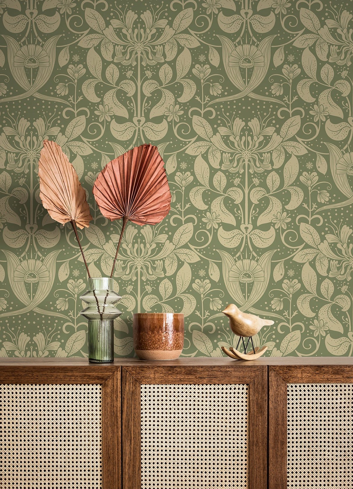 Berit Green Floral Crest Wallpaper with Botanical Bohemian Motif - A-Street Prints 4080-83126