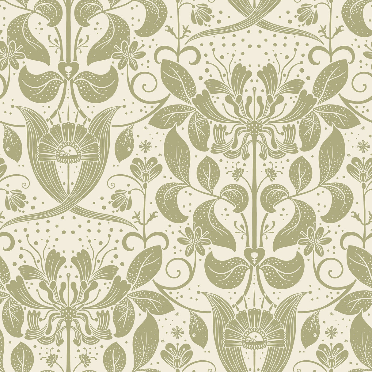 Berit Olive Floral Crest Wallpaper with Botanical Damask Pattern, Bohemian Style - 4080-83127