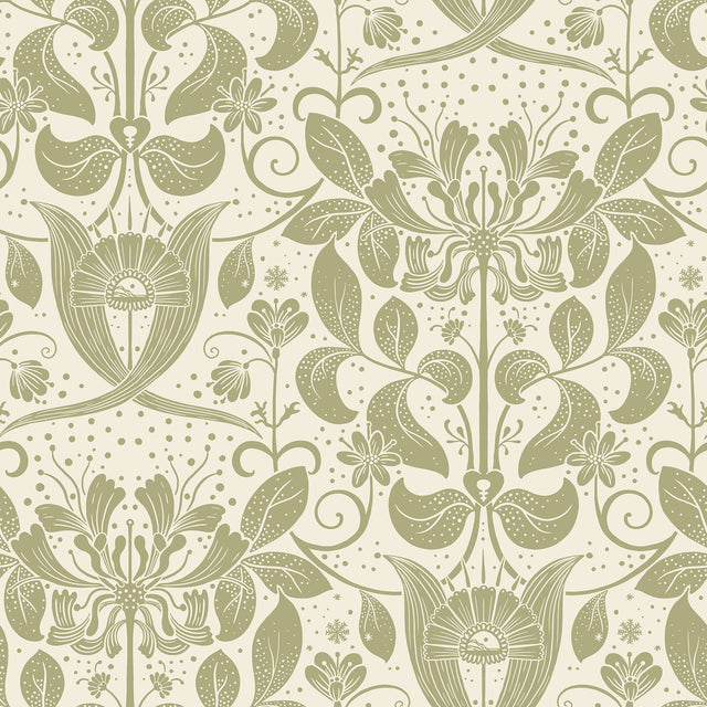 Berit Olive Floral Crest Wallpaper with Botanical Damask Pattern, Bohemian Style - 4080-83127