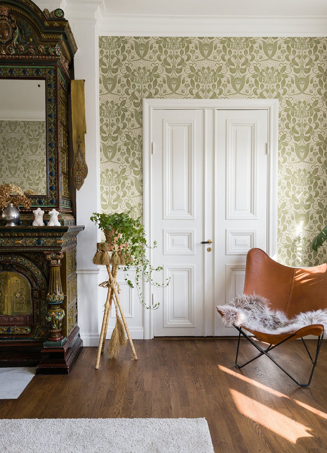 Berit Olive Floral Crest Wallpaper with Botanical Damask Pattern, Bohemian Style - 4080-83127