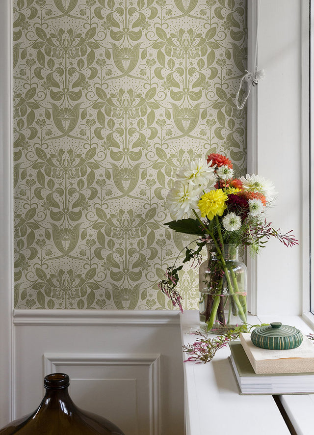 Berit Olive Floral Crest Wallpaper with Botanical Damask Pattern, Bohemian Style - 4080-83127