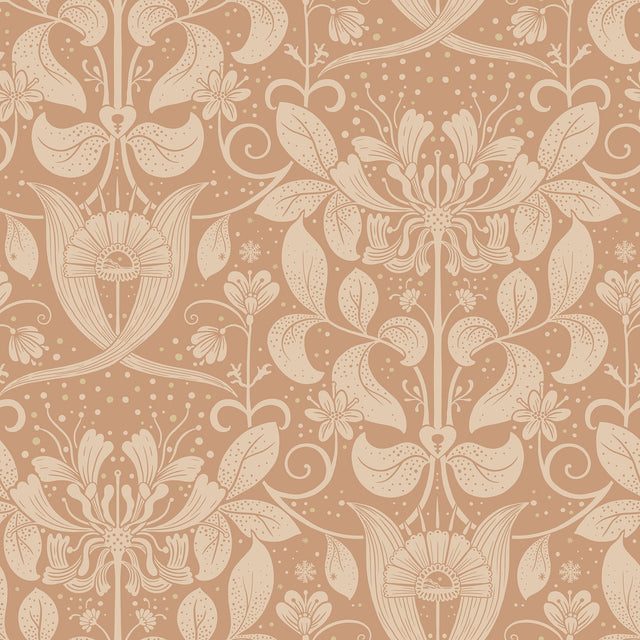 Berit Coral Floral Crest Wallpaper with Art Nouveau Botanical Damask - A-Street Prints 4080-83128