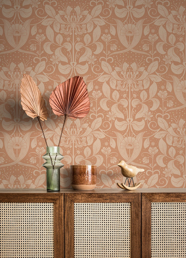 Berit Coral Floral Crest Wallpaper with Art Nouveau Botanical Damask - A-Street Prints 4080-83128