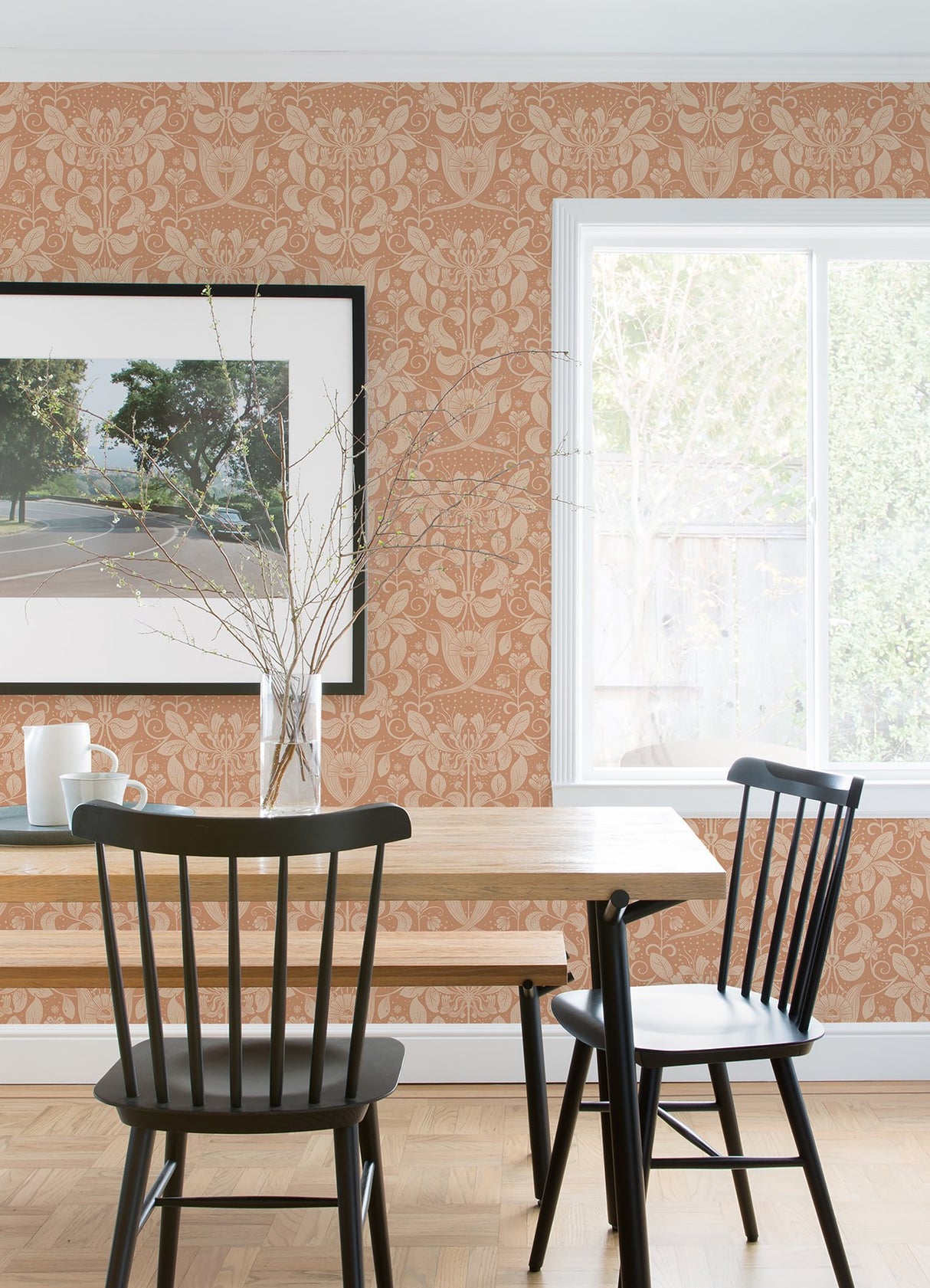 Berit Coral Floral Crest Wallpaper with Art Nouveau Botanical Damask - A-Street Prints 4080-83128