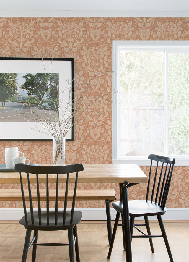 Berit Coral Floral Crest Wallpaper with Art Nouveau Botanical Damask - A-Street Prints 4080-83128
