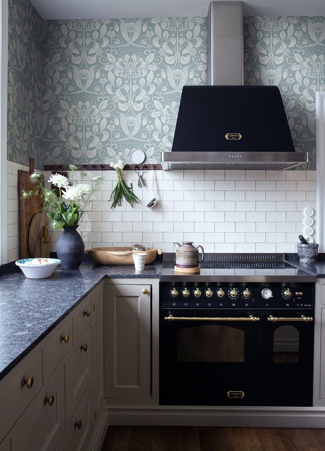 Berit Blue Floral Crest Wallpaper with Botanical Damask Motif - A-Street Prints 4080-83129