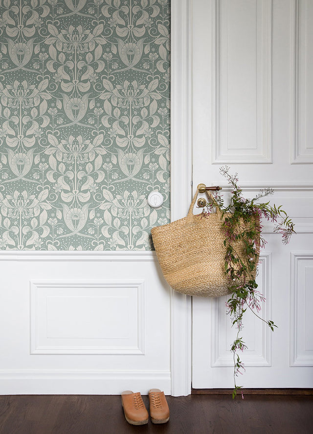 Berit Blue Floral Crest Wallpaper with Botanical Damask Motif - A-Street Prints 4080-83129