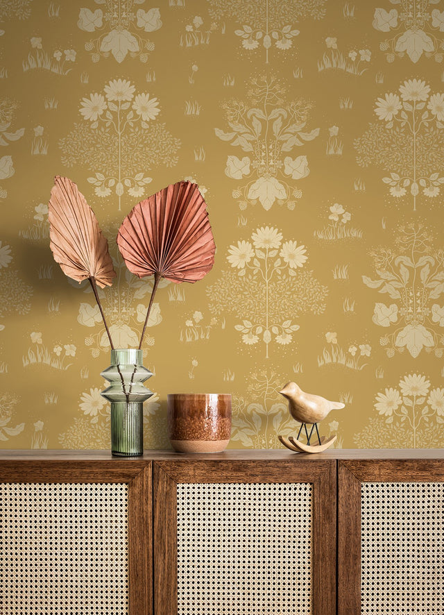 Elda Gold Delicate Daisies Wallpaper with Botanical Floral Pattern, Vintage Style - A-Street Prints 4080-83135