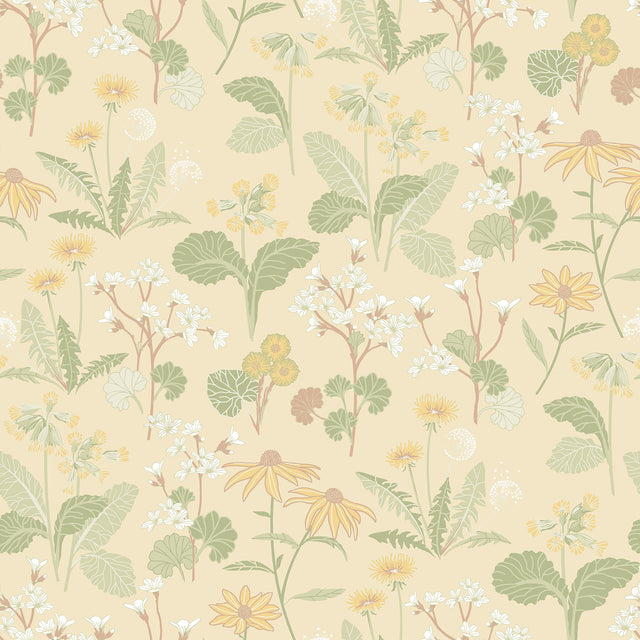 Magdalena Light Yellow Dandelion Wallpaper with Botanical Floral Pattern, Farmhouse Style - A-Street Prints 4080-92135