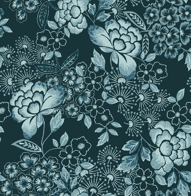 Irina Navy Floral Blooms Wallpaper with Botanical Floral Pattern - A-Street Prints 4081-26300