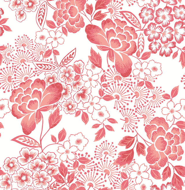 Irina Coral Floral Blooms Wallpaper with Botanical Farmhouse Pattern - A-Street Prints 4081-26301