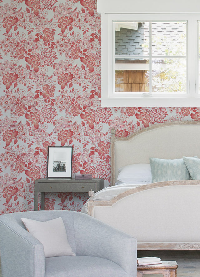 Irina Coral Floral Blooms Wallpaper with Botanical Farmhouse Pattern - A-Street Prints 4081-26301