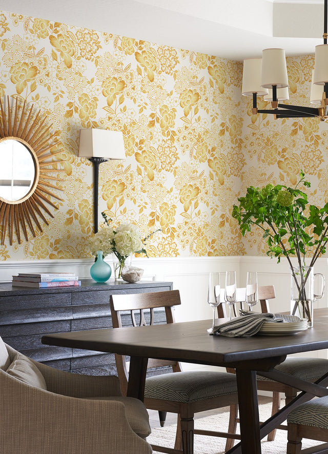 Irina Yellow Floral Blooms Wallpaper with Botanical Farmhouse Pattern - A-Street Prints 4081-26302