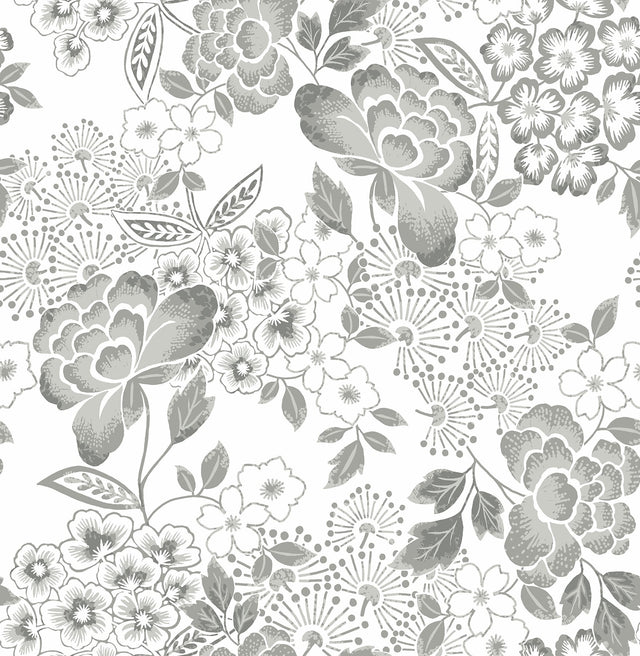 Irina Grey Floral Blooms Wallpaper with Botanical Farmhouse Style - 4081-26303