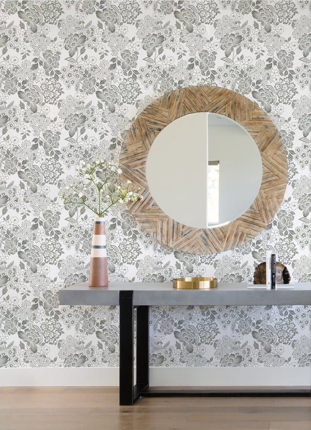 Irina Grey Floral Blooms Wallpaper with Botanical Farmhouse Style - 4081-26303