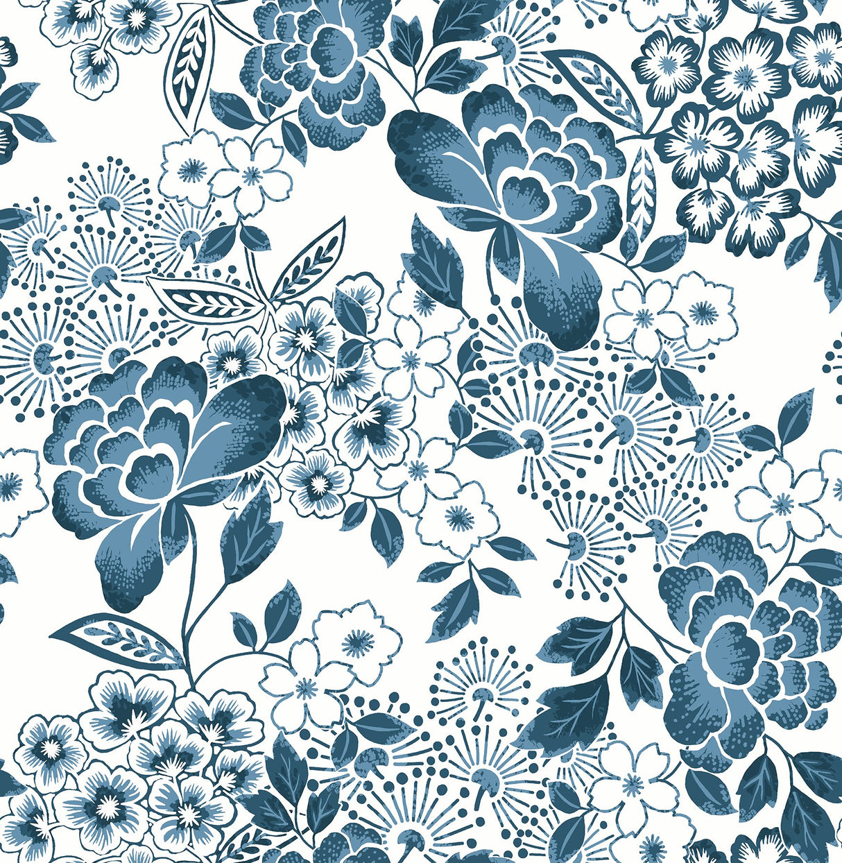 Irina Blue Floral Blooms Wallpaper with Botanical Farmhouse Pattern - 4081-26304