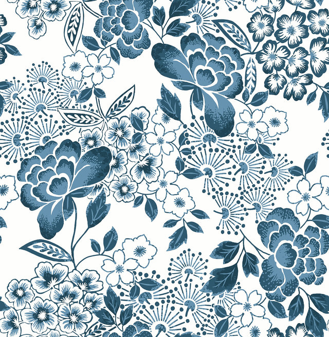 Irina Blue Floral Blooms Wallpaper with Botanical Farmhouse Pattern - 4081-26304