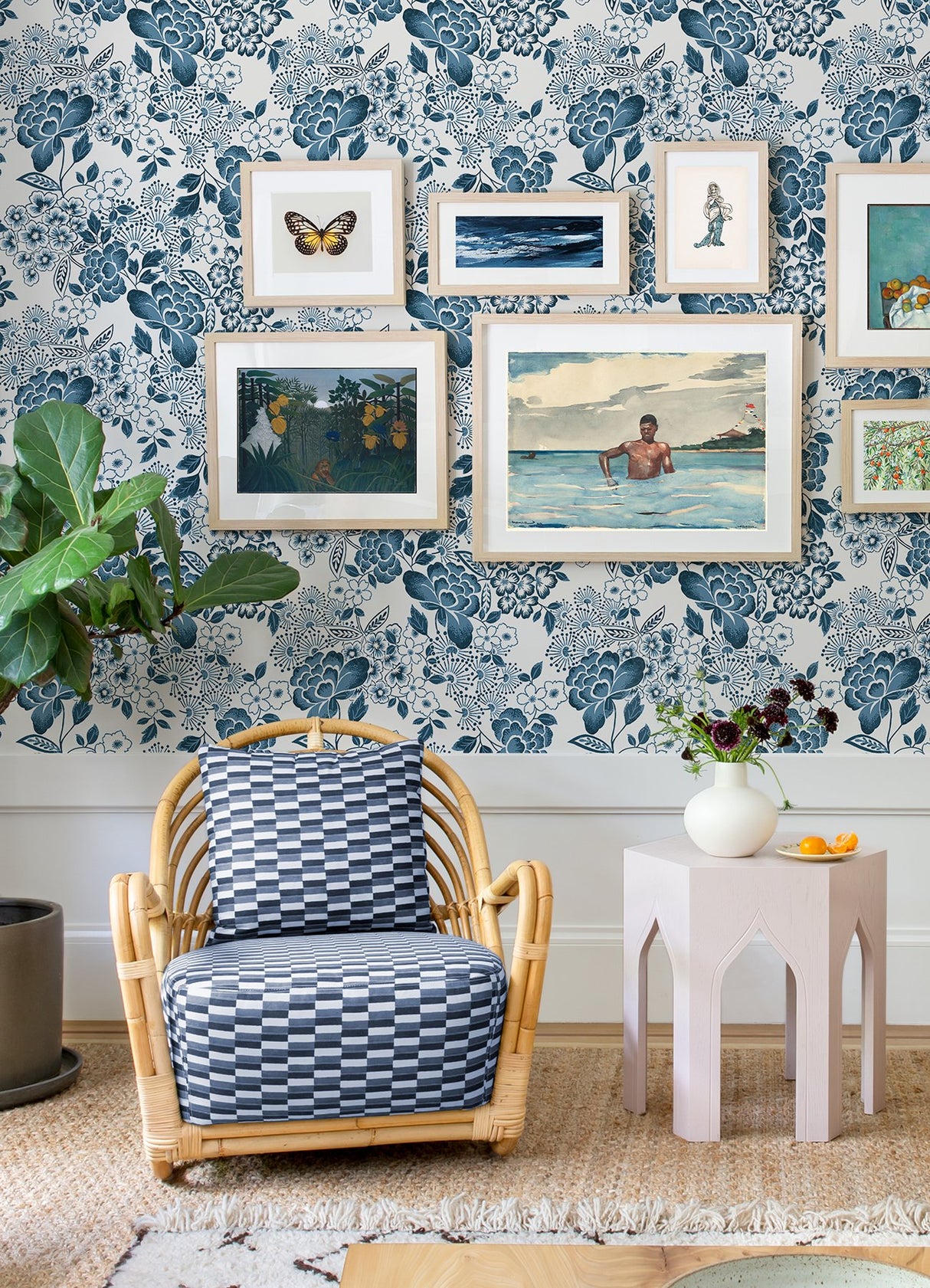 Irina Blue Floral Blooms Wallpaper with Botanical Farmhouse Pattern - 4081-26304