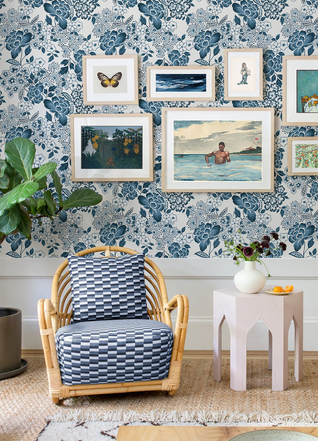 Irina Blue Floral Blooms Wallpaper with Botanical Farmhouse Pattern - 4081-26304