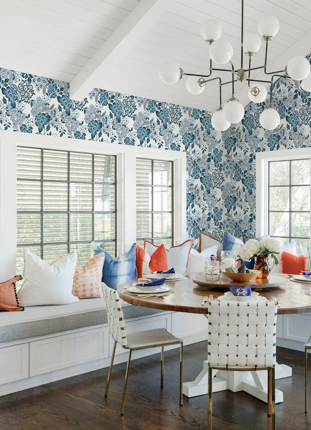 Irina Blue Floral Blooms Wallpaper with Botanical Farmhouse Pattern - 4081-26304