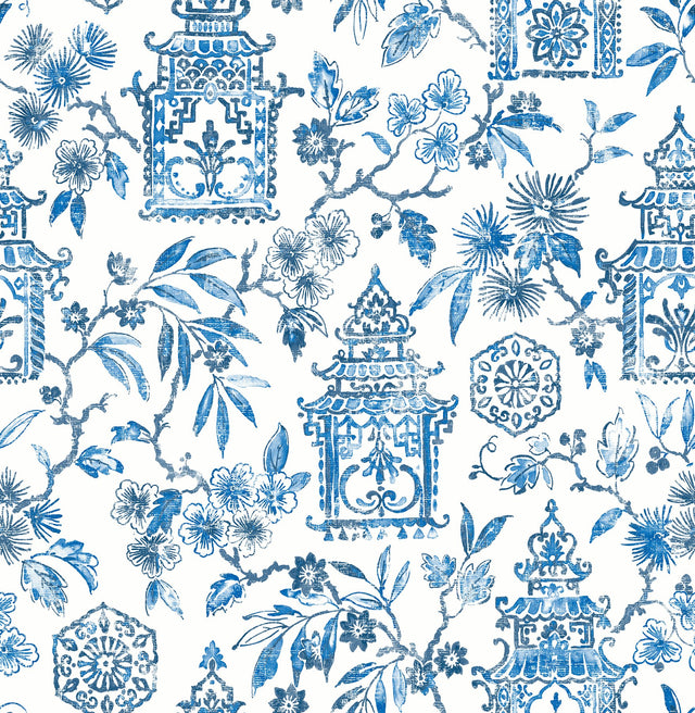 Helaine Blue Pagoda Wallpaper with Chinoiserie Toile Pattern - A-Street Prints 4081-26310