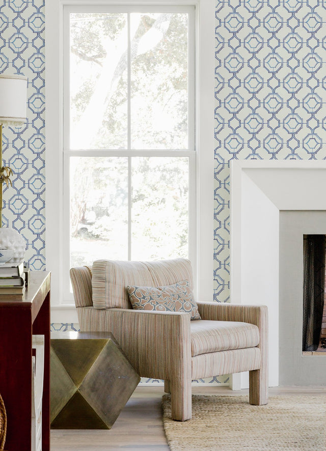 Gallina Blue Trellis Wallpaper with Chinoiserie-Inspired Geometric Lattice - A-Street Prints 4081-26314