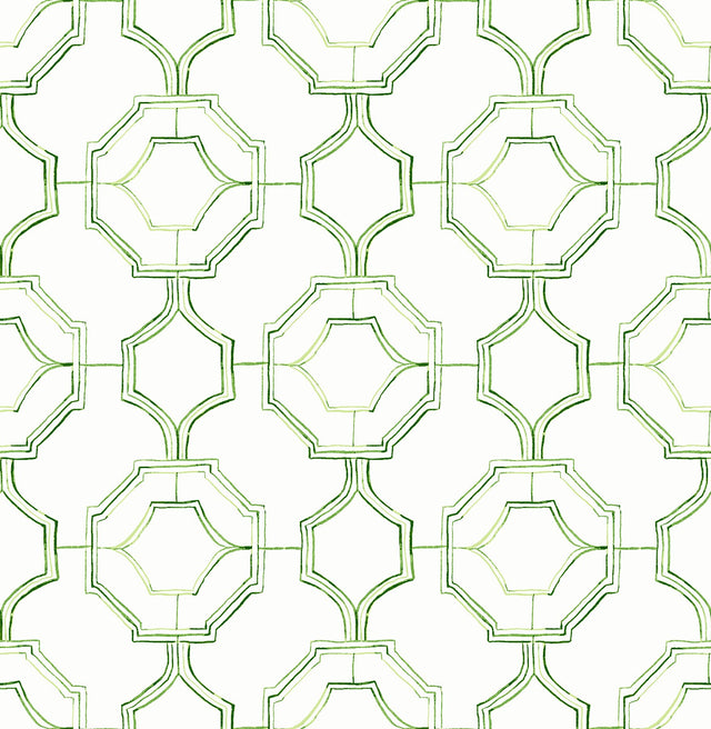 Gallina Green Trellis Wallpaper with Chinoiserie Geometric Lattice - Brewster 4081-26316
