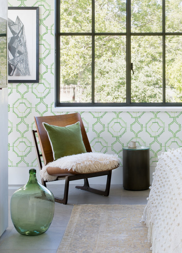 Gallina Green Trellis Wallpaper with Chinoiserie Geometric Lattice - Brewster 4081-26316