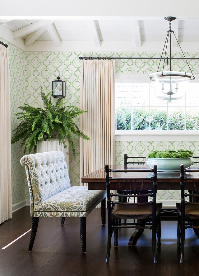 Gallina Green Trellis Wallpaper with Chinoiserie Geometric Lattice - Brewster 4081-26316