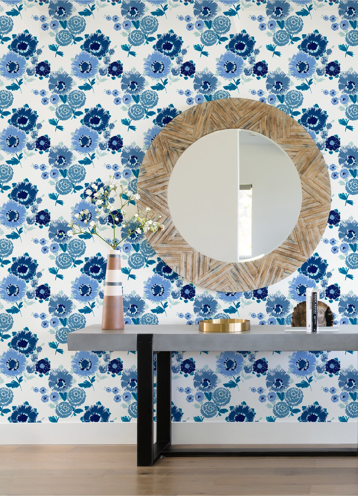 Essie Blue Painterly Floral Wallpaper with Bohemian Botanical Flowers ...