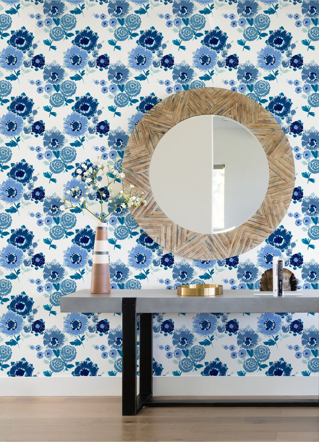 Essie Blue Painterly Floral Wallpaper with Bohemian Botanical Flowers - A-Street Prints 4081-26324