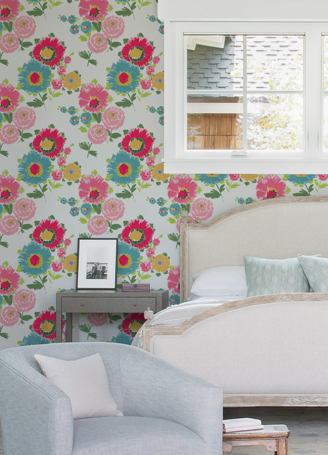 Essie Pink Painterly Floral Wallpaper with Bohemian Botanical Flower Motif - Brewster 4081-26326
