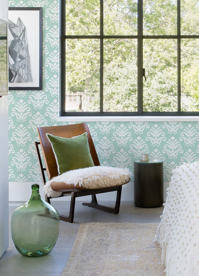 Keaton Aqua Medallion Wallpaper with White Ikat Graphic Motif - A-Street Prints 4081-26327