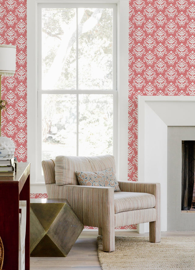 Keaton Coral Medallion Wallpaper with Ikat Bohemian Pattern - Brewster 4081-26330