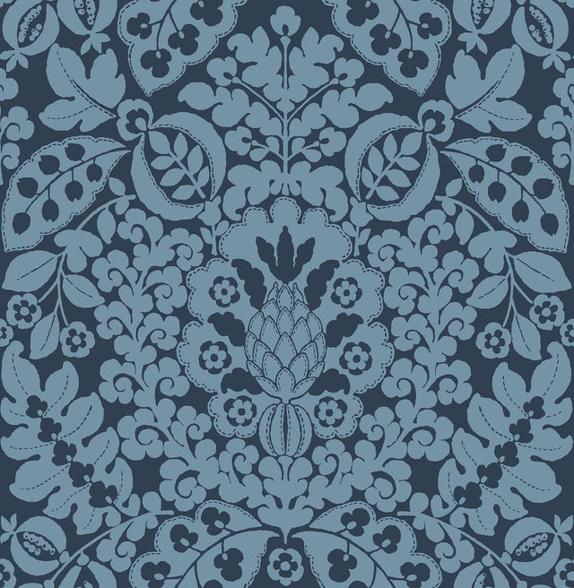 Marni Navy Fruit Damask Wallpaper with Botanical Graphics Bohemian Style - Brewster 4081-26334