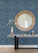 Marni Navy Fruit Damask Wallpaper with Botanical Graphics Bohemian Style - Brewster 4081-26334