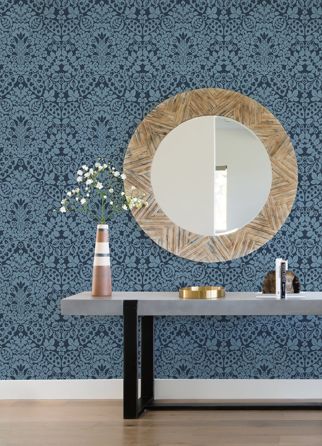 Marni Navy Fruit Damask Wallpaper with Botanical Graphics Bohemian Style - Brewster 4081-26334