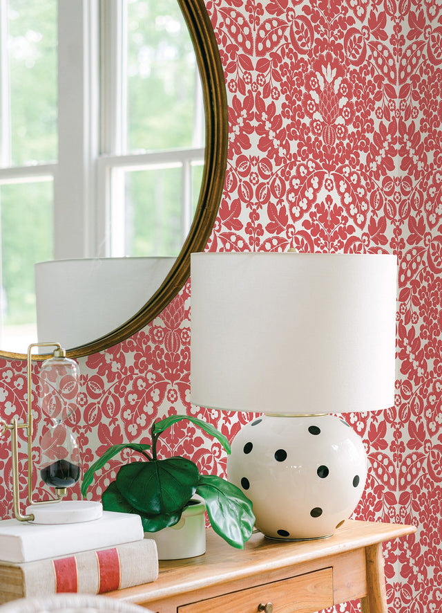 Marni Red Fruit Damask Wallpaper with Botanical Damask in Bohemian Style - Brewster 4081-26336