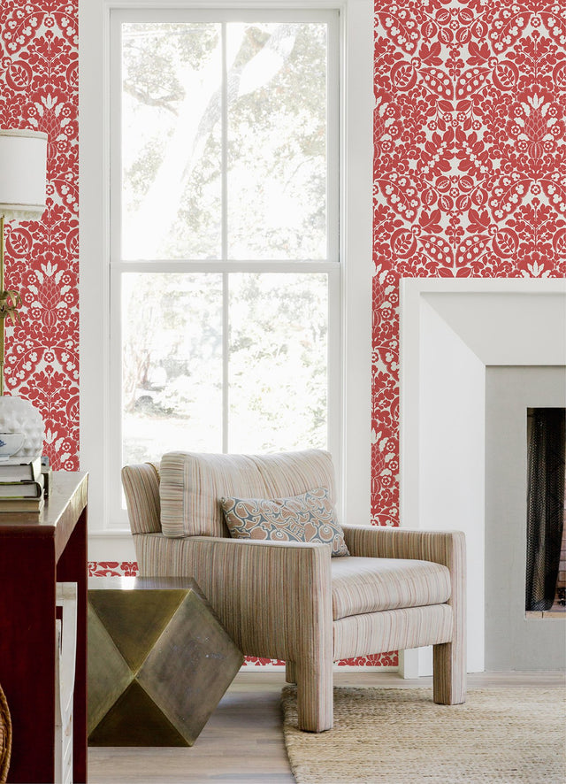 Marni Red Fruit Damask Wallpaper with Botanical Damask in Bohemian Style - Brewster 4081-26336