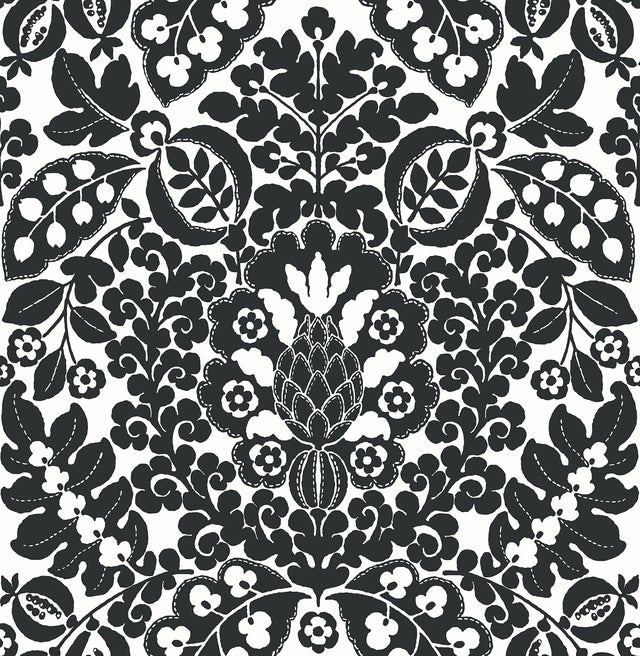 Marni Black Fruit Damask Wallpaper with Botanical Graphics Motif - A-Street Prints 4081-26337