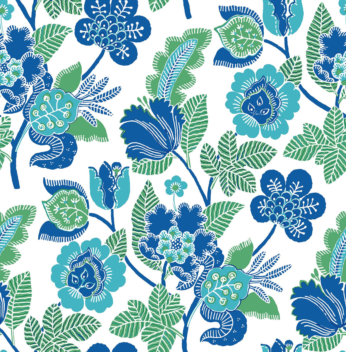 Jana Green Jacobean Wallpaper with Modern Botanical Floral Pattern - Brewster 4081-26339