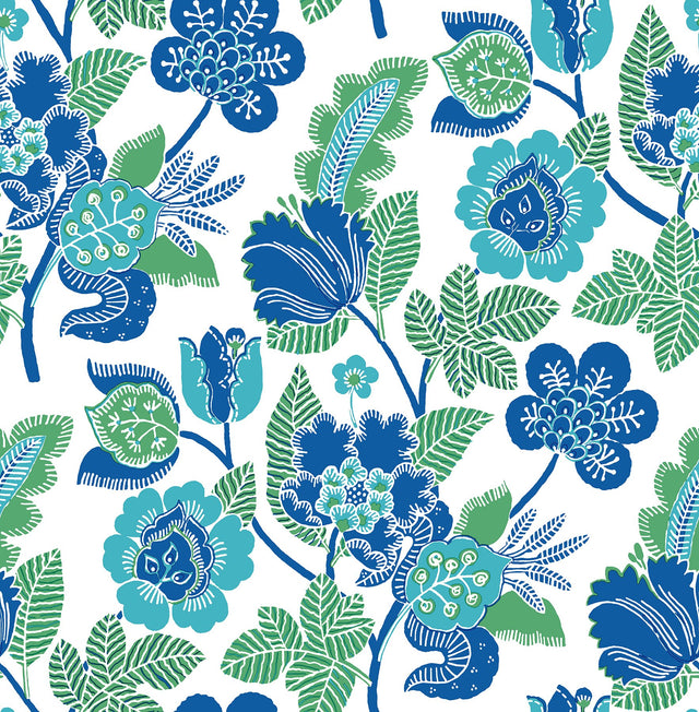 Jana Green Jacobean Wallpaper with Modern Botanical Floral Pattern - Brewster 4081-26339