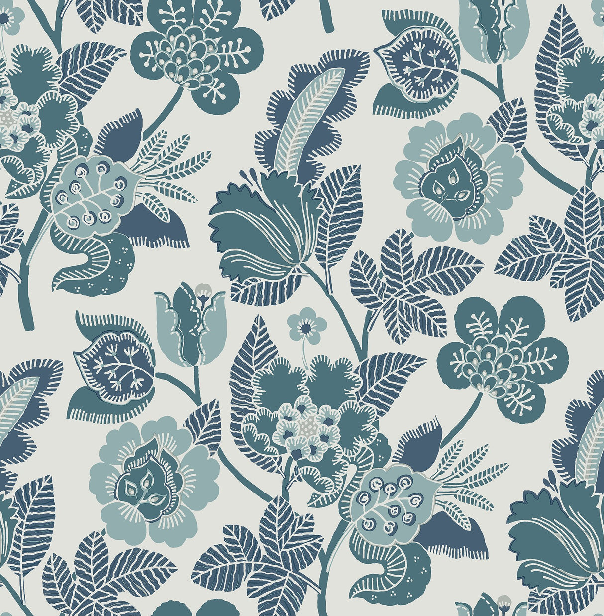 Jana Teal Jacobean Wallpaper with Modern Botanical Floral - A-Street Prints 4081-26340