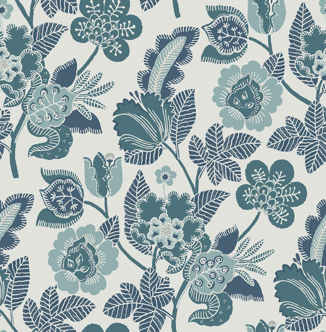 Jana Teal Jacobean Wallpaper with Modern Botanical Floral - A-Street Prints 4081-26340
