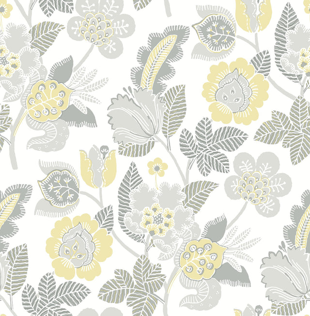 Jana Light Grey Jacobean Wallpaper with Botanical Floral Pattern - Brewster 4081-26341