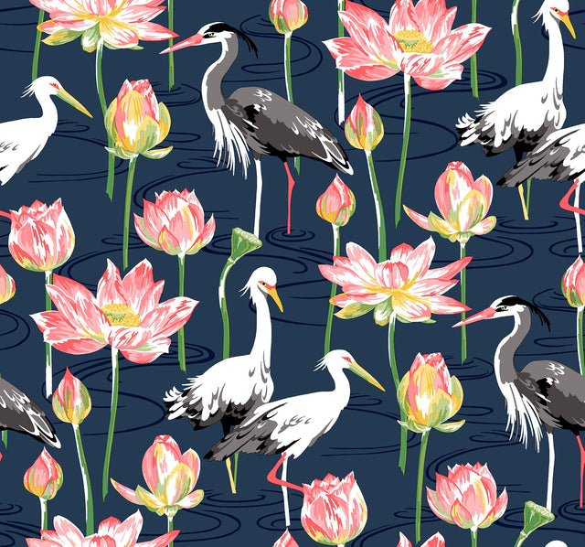 Barton Navy Heron Wallpaper with Lotus Pond Chinoiserie Motif - A-Street Prints 4081-87550