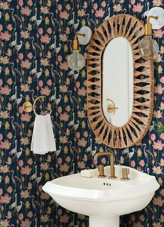Barton Navy Heron Wallpaper with Lotus Pond Chinoiserie Motif - A-Street Prints 4081-87550