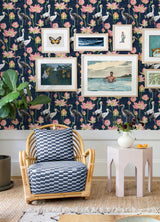 Barton Navy Heron Wallpaper with Lotus Pond Chinoiserie Motif - A-Street Prints 4081-87550